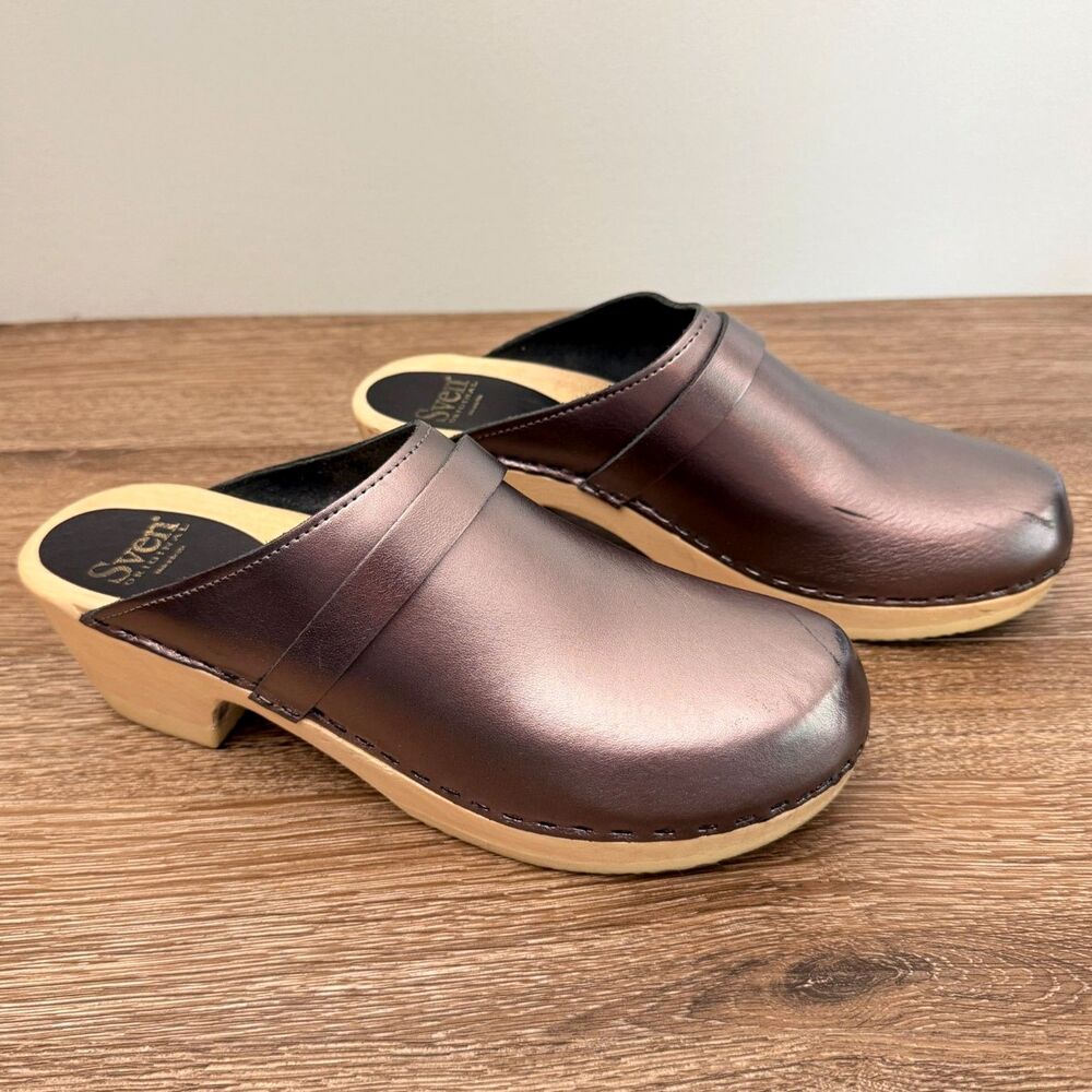 Sven Original Metallic Leather Wood Clogs EU 42 Made USA Pewter Slip On Womens